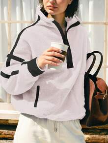 Women's Viral Sherpa Pullover Oversized Half Zip Sweatshirt | Cozy Y2K Winter Loungewear With Pocket Tumbler Fit - 白色 - 查看 2