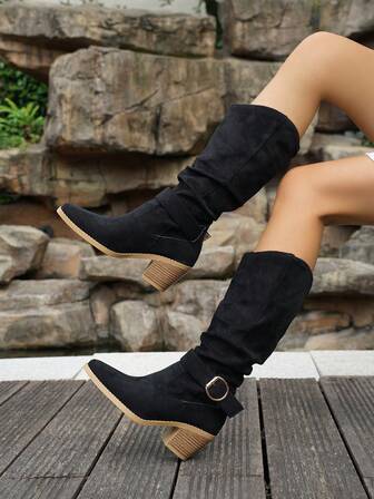 Plus Size Women's Solid Color Western Style Button Side Zipper Holiday Knee-High Boots