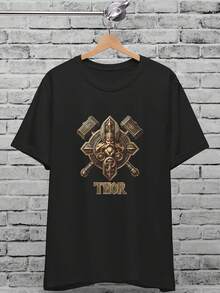 Vikings Thor Gold Print Uni T-Shirt For  & Wo, Viking Shirt, Valhalla Odin Valkyrie, Norse Mythology, Vegvisir Fenrir Asgard Nordic - 風格26 - 查看 1