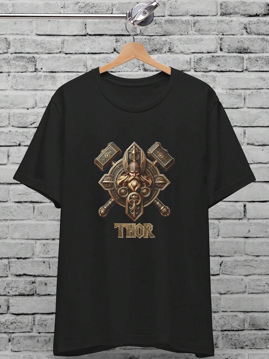 Vikings Thor Gold Print Uni T-Shirt For & Wo, Viking Shirt, Valhalla Odin Valkyrie, Norse Mythology, Vegvisir Fenrir Asgard Nordic - 風格26 - 查看 1