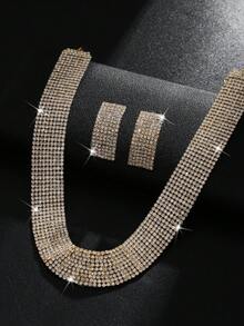 3pcs/Set Women's Luxury Rhinestone Necklace, Earrings Jewelry Set, Elegant Valentine's Day Accessories - Gold - View 3