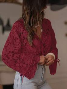 ii 女士优雅刺绣蕾丝薄纱衬衫，适合度假和春季穿着 - 酒紅色 - 查看 4