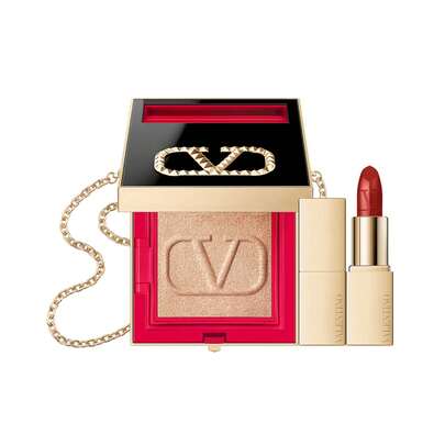  Valentino Go-Clutch & Minirosso 星形铆钉限量版 6.2克/0.21盎司 | 二合一旅行手拿包，内含完美蜜粉和迷你唇膏 | 奢华限量版彩妆套装 | 标志性 Valentino 设计，饰有经典星形铆钉 | 小巧便携，可替换内芯，随时随地补妆