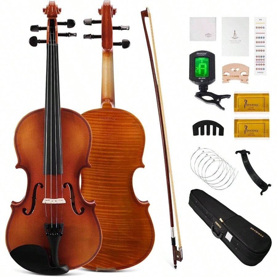 バイオリン 4\/4フルサイズキット、初心者大人学生用フィドルセット、ローズウッドの弓、追加弦&ブリッジ、ロジン2個、チューナー、ケース、ミュート、フィンガーボードステッカー、ショルダーレスト - イニシャル - チェックする 1