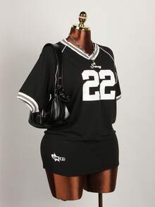 夏季 Y2K 字母条纹印花篮球 T 恤女式休闲 V 领半袖宽松上衣街头时尚 T 恤 - 黑色 - 查看 3