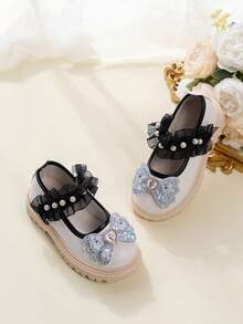 New Soft Bottom Anti- Wear-Resistant Shiny Bow Decor Princess Flat Loafers For Kids - Beige - View 3