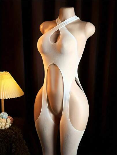 Sexy Lingerie, Date Night, 1 Plus Size Sexy Lingerie, Sensual Cross-Strap Backless Open Crotch Bodysuit, Non-S Lip Design, Cut-Out See-Through Mesh Tights, Sensual Clothing, Boudoir Outfit, Halterneck Neckline, Sheer Mesh Fabric, High Elasticity, Comfortable Fit, Sexy Pajamas, One-Piece Underwear, Curvy Ladies
