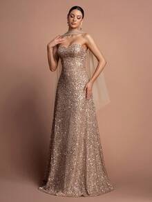 Faeriesty Bộ đầm hai mảnh đính sequin thanh lịch - Thiết kế không dây vai và không tay, với khăn choàng voan mỏng ở phía sau, kết hợp với chân váy dài thướt tha chạm sàn - Hoàn hảo cho các buổi dạ tiệc trang trọng, đám cưới, lễ trao giải và các sự kiện thảm đỏ. - Rượu sâm banh - Xem 9