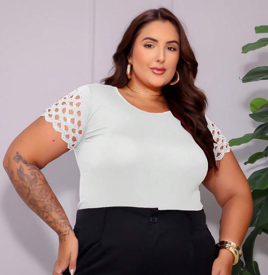 Blusa Feminina Plus Size Manga Curta Brilho Festa Brilhosa