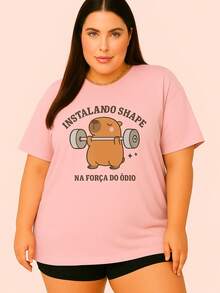 T-Shirt Women's Plus Size Plain Round Neck Fashion  Oversized - 淺粉色 - 查看 1