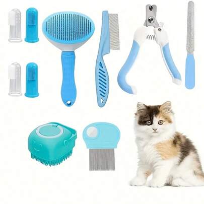 Juego de aseo para mascotas, incluye juego de cepillos de baño, toalla, guantes de baño, cepillo quitapelo, champú y acondicionador para mascotas, herramientas de limpieza dental para mascotas