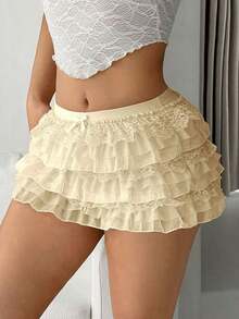 Minifalda con volantes y capas de encaje de estilo Y2K, de talle bajo, falda corta con volantes y capas, falda linda con múltiples capas tipo pastel - Beis - Ver 2
