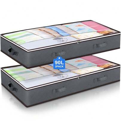 2 Pack 90L Under Bed Storage Containers, Underbed Toy Organizers And Clothing Storage Bags, Closet Storage Bins With Clear Window For Organizing Blanket Comforter Bedding Clothes Bedroom Dorm