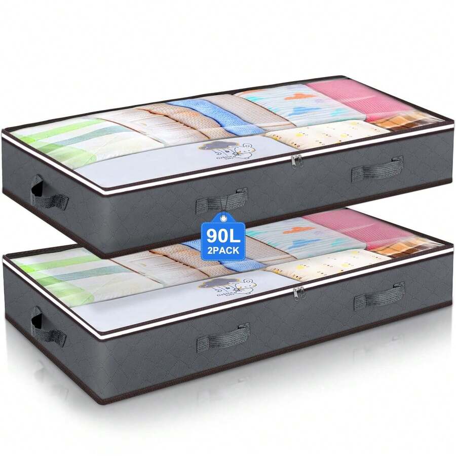 2 Pack 90L Under Bed Storage Containers, Underbed Toy Organizers And Clothing Storage Bags, Closet Storage Bins With Clear Window For Organizing Blanket Comforter Bedding Clothes Bedroom Dorm - Xám - Xem 1
