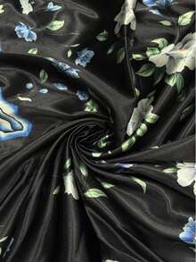 Neujahr, Weihnachten elegantes schwarzes Blumenprint Satin Maxikleid mit Langarm und V-Ausschnitt für Damen, Frühling/Herbst