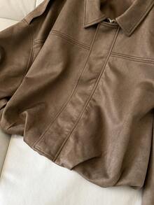 FGGG Brown Short Suede Jacket For Women Autumn Winter Stitched Collar With Long Sleeves Relaxed Fit Versatile Layering Women's Top For Casual Outings Gatherings And Commuting