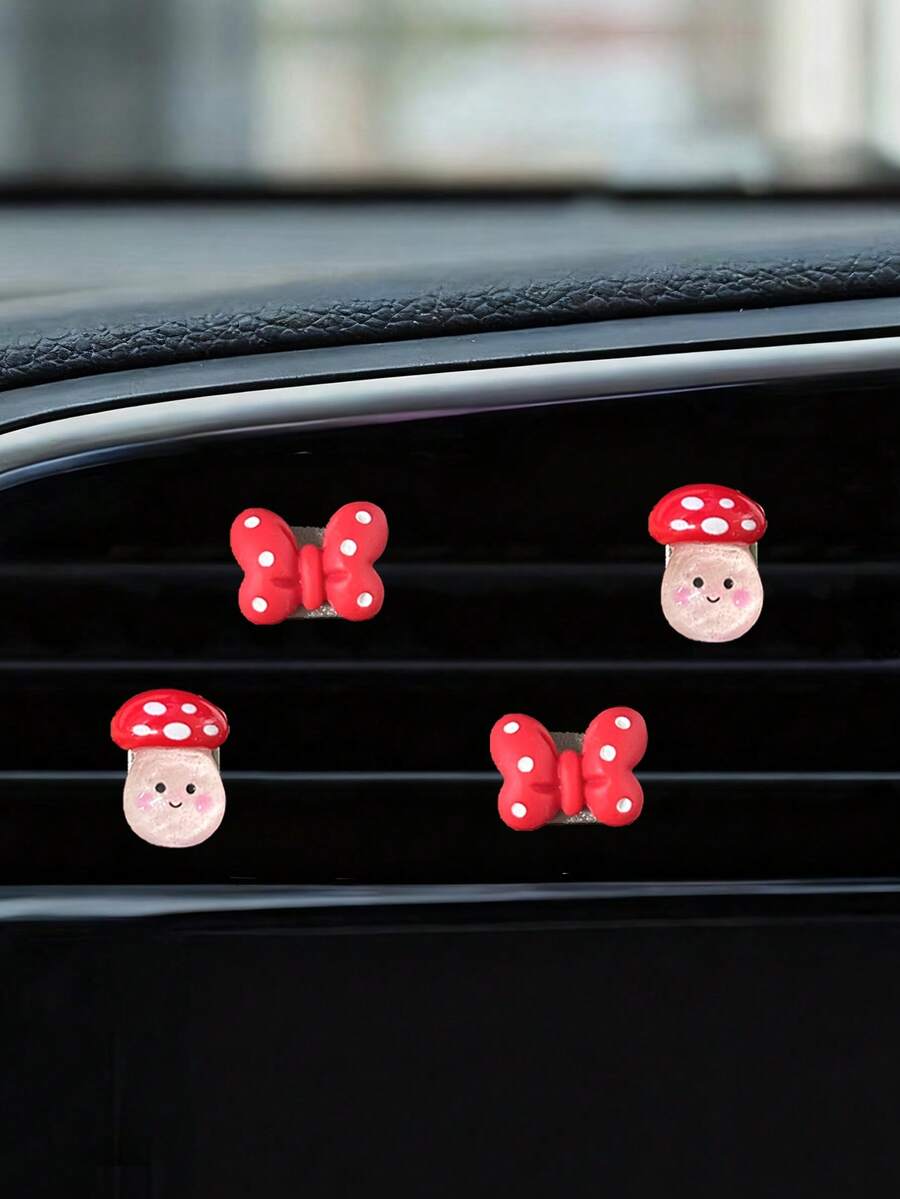4 piezas Lindo clip de decoración de salida de aire acondicionado de coche con forma de hongo, clip de decoración a lunares y lazo rojo