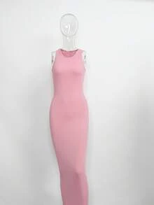 Vestido largo sin mangas de canalé sexy de Body ceñido en color rosa para mujer - Rosa Pálido - Ver 1