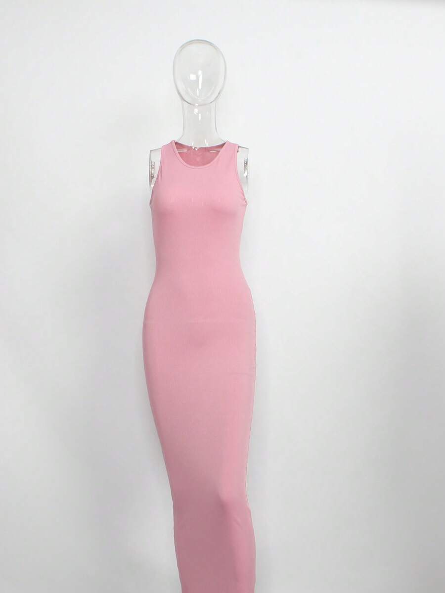 Vestido largo sin mangas de canalé sexy de Body ceñido en color rosa para mujer - Rosa Pálido - Ver 1