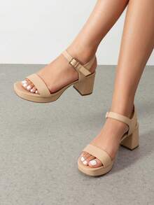 Women Comfortable Chunky Low Heeled Sandals Open Toe Buckle Decor Ankle Strap Heeled Sandals For Daily Wearing Wedding Party Prom - Apricot - View 2