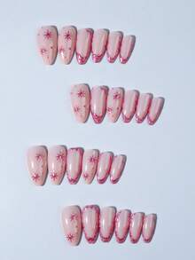 24片杏仁形玫瑰红凝胶美甲贴片，打造3D星形法式亚克力美甲，完美贴合指尖，套装包含：1片果冻凝胶和1个指甲锉，让您的指尖闪耀动人，适合派对、舞蹈和日常佩戴。美甲用品 - 玫紅色 - 查看 4