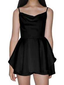 EXARUS Girls' Dress 2025 Summer New Style Party Neck/Scarf Neck Double Design Dress Ruffled Flowing Hem Short A-Line Skirt Pleated Solid Color Sleeveless Suspender Dress Suitable For 8-14 Years Old - Đen-55 - Xem 1