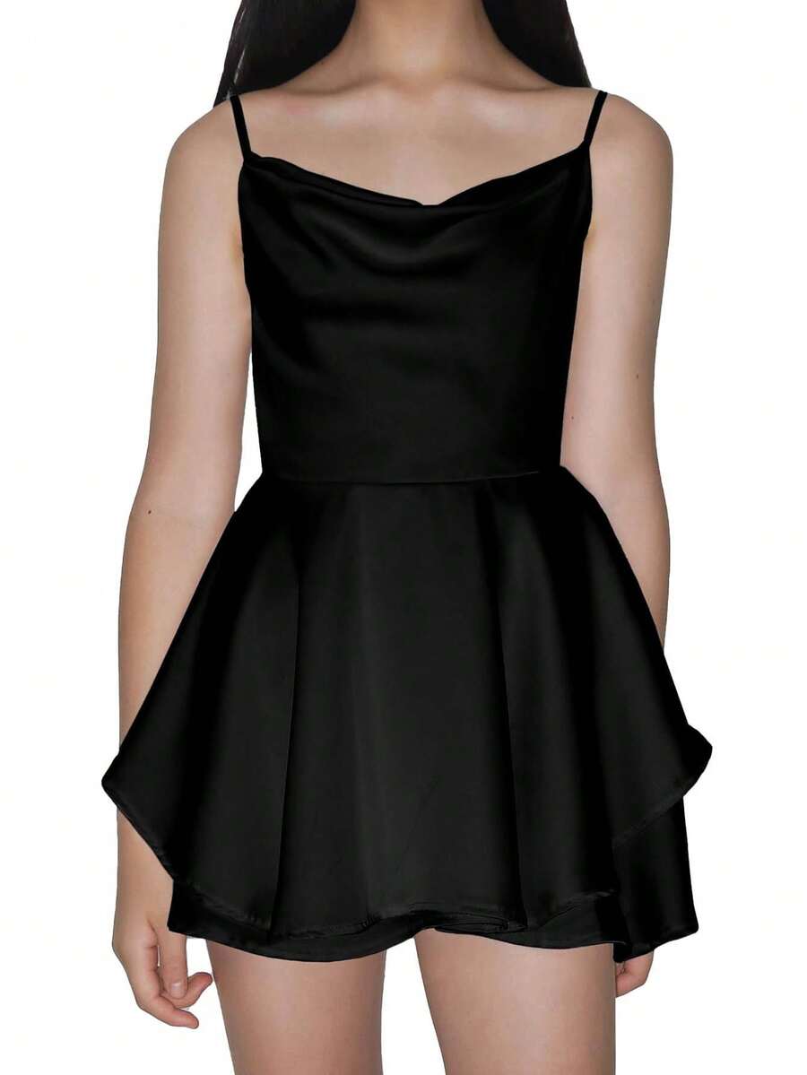 EXARUS Girls' Dress 2025 Summer New Style Party Neck/Scarf Neck Double Design Dress Ruffled Flowing Hem Short A-Line Skirt Pleated Solid Color Sleeveless Suspender Dress Suitable For 8-14 Years Old - Đen-55 - Xem 1