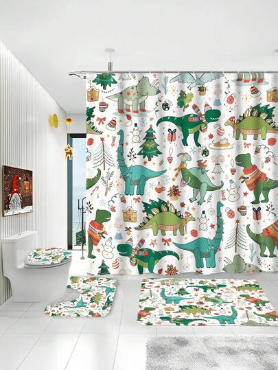 1/4pcs Animal Theme Shower Curtain Set, Dinosaur Pattern, With Shower Curtain, Non Bath Mat, U-Shaped Floor Mat, Toilet Seat Cover Mat, With 12 Hooks, Easy To Install Bathroom Partition Curtain, Waterproof Polyester Fabric, Machine Washable, Suitable For All Seasons Home Bathroom Decoration Set, Moving Gift, Holiday Gift, Christmas Decoration