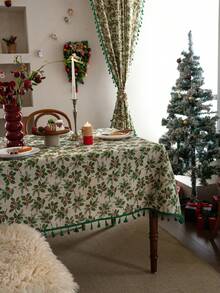 1 pieza Mantel de estilo vintage americano country con estampado de hojas de árbol de frutas, rectangular con flecos, adecuado para uso diario, festivales, reuniones familiares, fiestas de Navidad, decoración de mesa de comedor, decoración del hogar