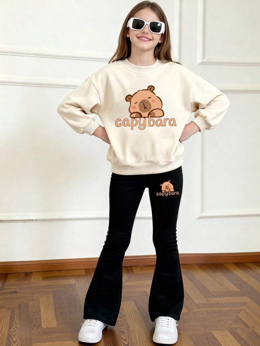 Girls' Two Pieces Casual Cute Cat Print Round Neck Sweatshirt And Heart Pattern Cuff Sweatpants, Pants, Autumn And Winter Clothes, Suitable For Shopping, Party, Sports, Travel, Party, School, Teenage Girls' Clothes, Girls' Clothes, Sports
