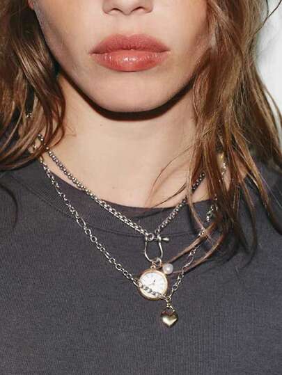 ZAA 手表爱心吊坠多层复古风别针不对称水钻项链，时尚新款欧美简约吊坠项链，女士珠宝，日常及宴会佩戴项链