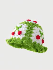 1 件女士手工钩针樱桃针织渔夫帽，温暖且适合秋冬季日常穿着 - F - 查看 8