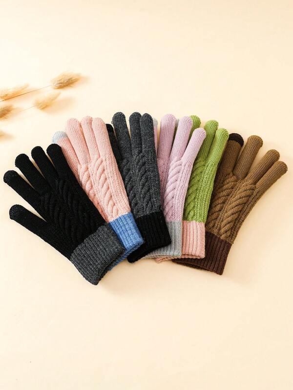 1 Pair Splicing Color-Block Acrylic Outdoor Snow Gloves, Knitted Touchscreen Gloves, Warm & Fashionable For Autumn/Winter Commuting