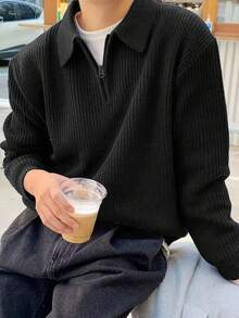 1pc Boys & Teens' Simple Solid Color Comfortable Casual Outdoor Zip-Up Warm Thick Knit Sweater, Spring/Autumn/Winter - 黑色 - 查看 2