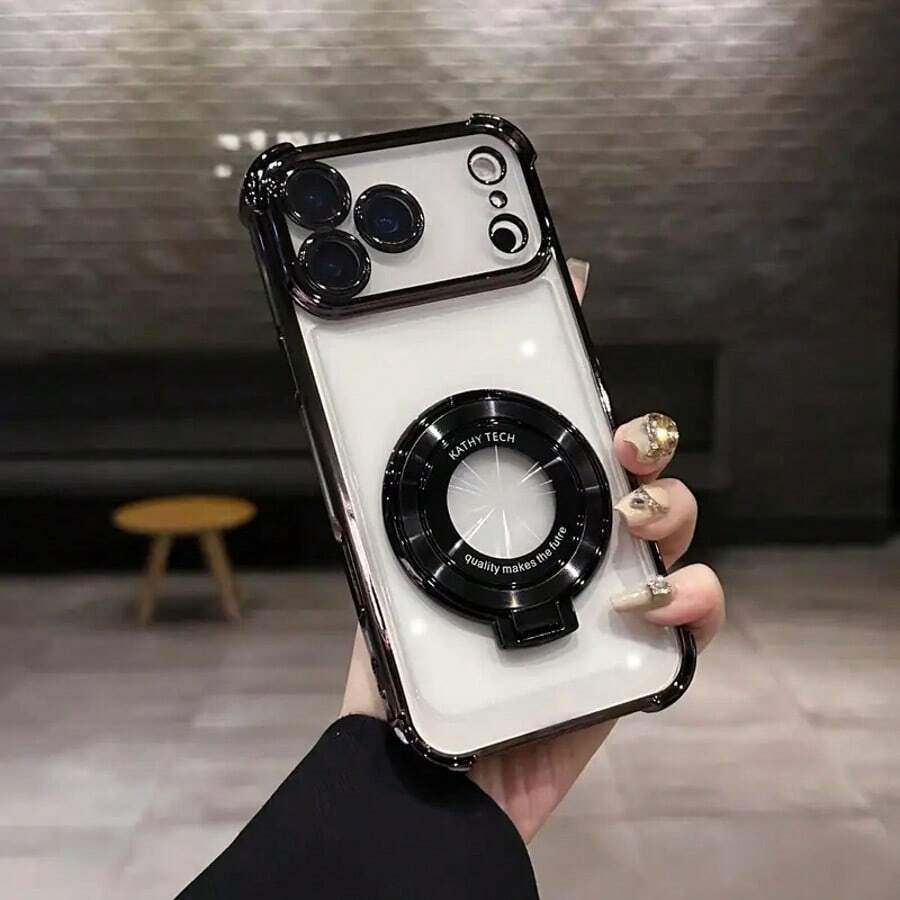 Luxurious 360 ° Circular Bracket Phone Case, Suitable For IPhone 17/16/15/14/13/12/11/Pro Max/Air/Plus/Pro, With Airbag Anti Drop Lens Protection Function, 4-Corner Thick Anti Drop And Lens Protection Film Protection, Wear-Resistant And Durable, With Fixed Bracket For Easy Viewing, Supports Magnetic Charging, Fashionable Phone Case, Reinforced Edge, High-End Finish, Soft Shell Protective Cover - 黑色 - 查看 1