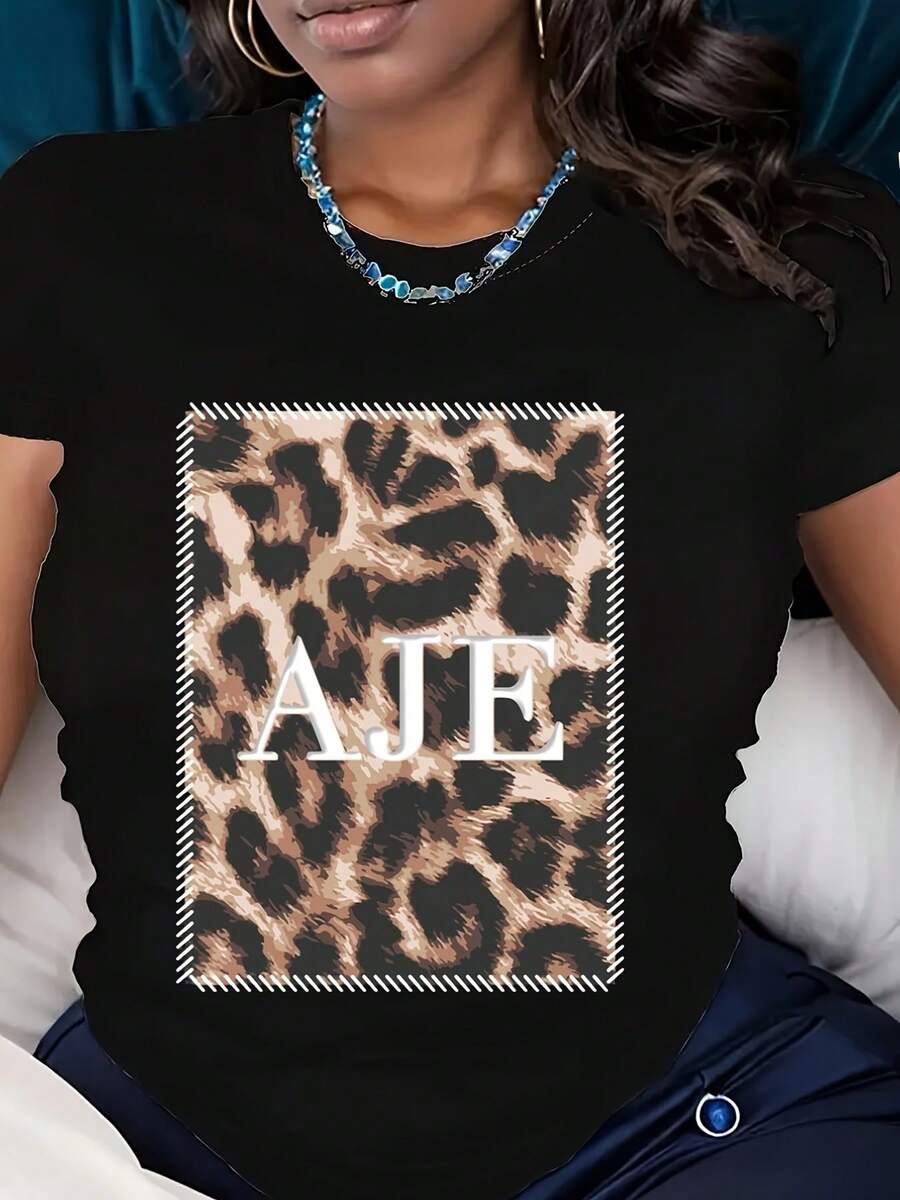 Plus Size Leopard Print AJE Letter T-Shirt For Women Casual Fashion Top Wear,220g - 黑色 - 查看 1