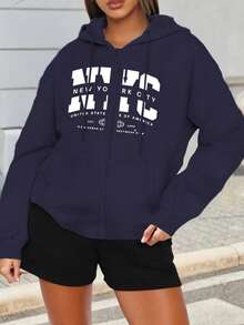 Mujer005 Sudadera con capucha con cremallera del Día de los Muertos  invierno sudadera de manga larga cómoda suave Sudadera zipada con estampado "NEW YORK CITY" de estilo urbano, perfecta para el look casual y cómodo - Azul - Ver 1
