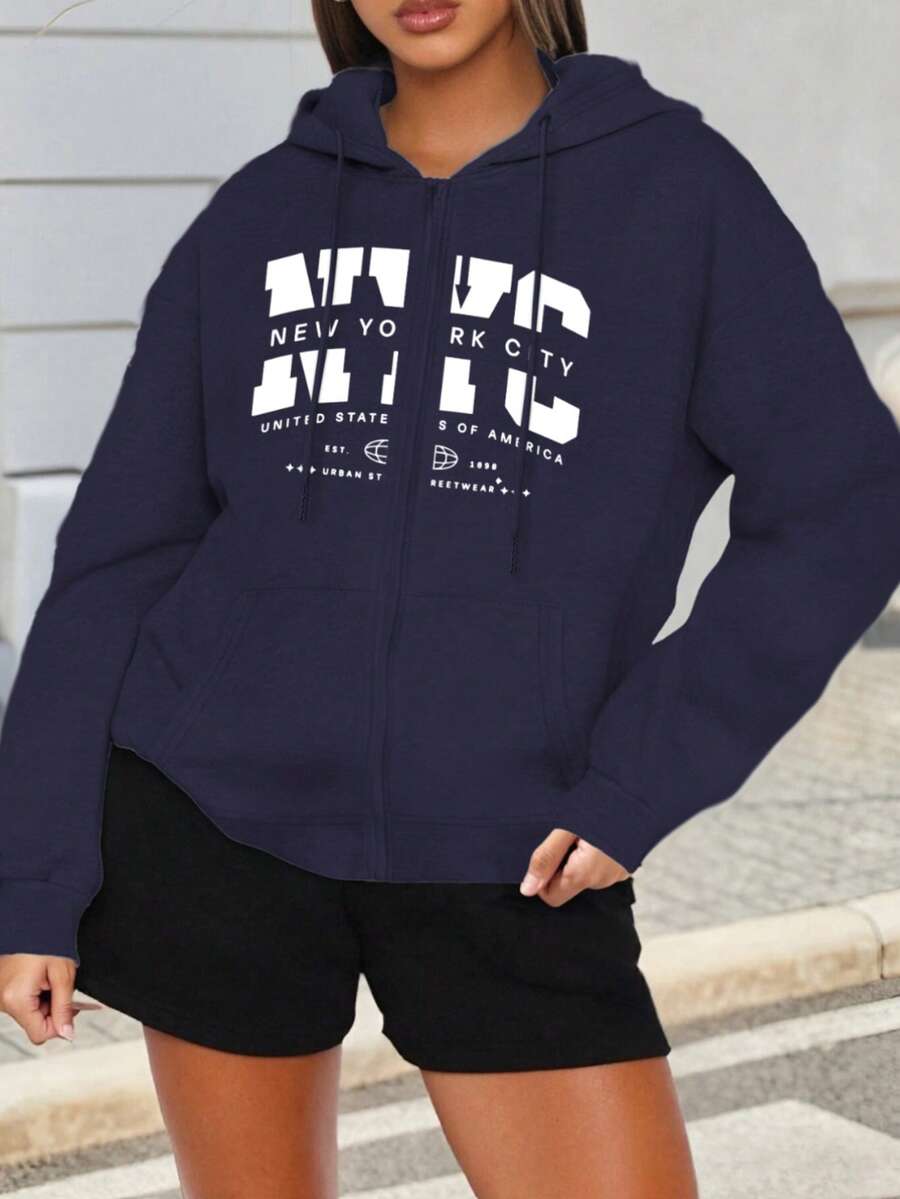 Mujer005 Sudadera con capucha con cremallera del Día de los Muertos invierno sudadera de manga larga cómoda suave Sudadera zipada con estampado "NEW YORK CITY" de estilo urbano, perfecta para el look casual y cómodo - Azul - Ver 1