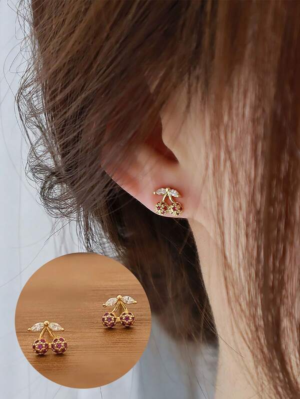 A Pair Of Sterling 925 Silver Exquisite Elegant Fashionable Cute Purple Fruit Cherry Cubic Zirconia Ear Studs Earrings For Women Daily Wearing Friendship Party Jewelry Gift