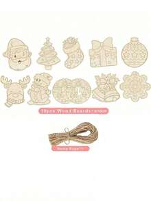 10 قطعة من شرائح الخشب المطلية باليد للزينة الكريسماسية DIY، تشمل 1 ملصق من الراين، 12 قلم ملون، لوح خشبي مقطع بالليزر كزينة شجرة ، قلادة للرسم للأطفال