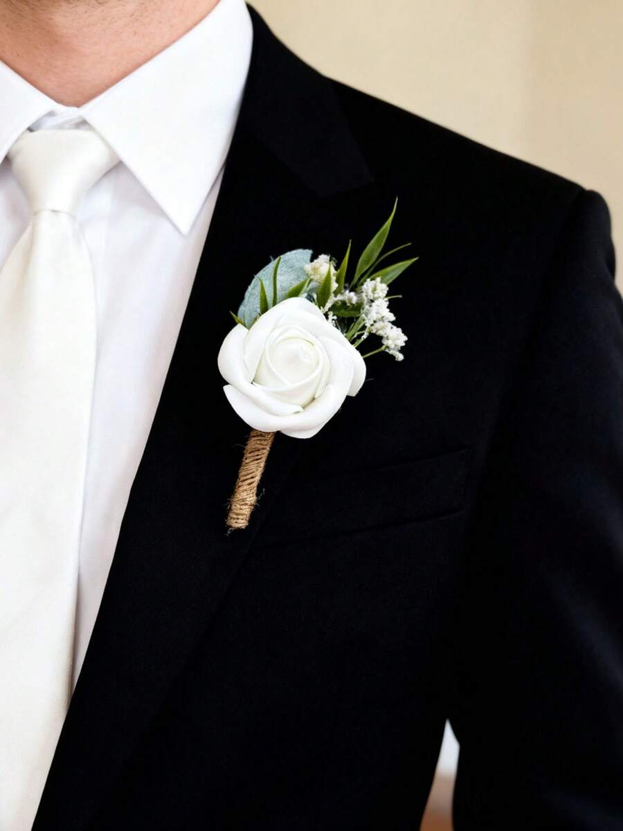 1pc/6pcs Artificial Rose Flower Groom Boutonniere Man Brother Corsage Graduate Pin Suit Wedding Flowers Party Deocration Valentine's Day Accessories - White - View 1