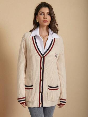 女士通勤长袖撞色边刺绣口袋前开衫，秋冬