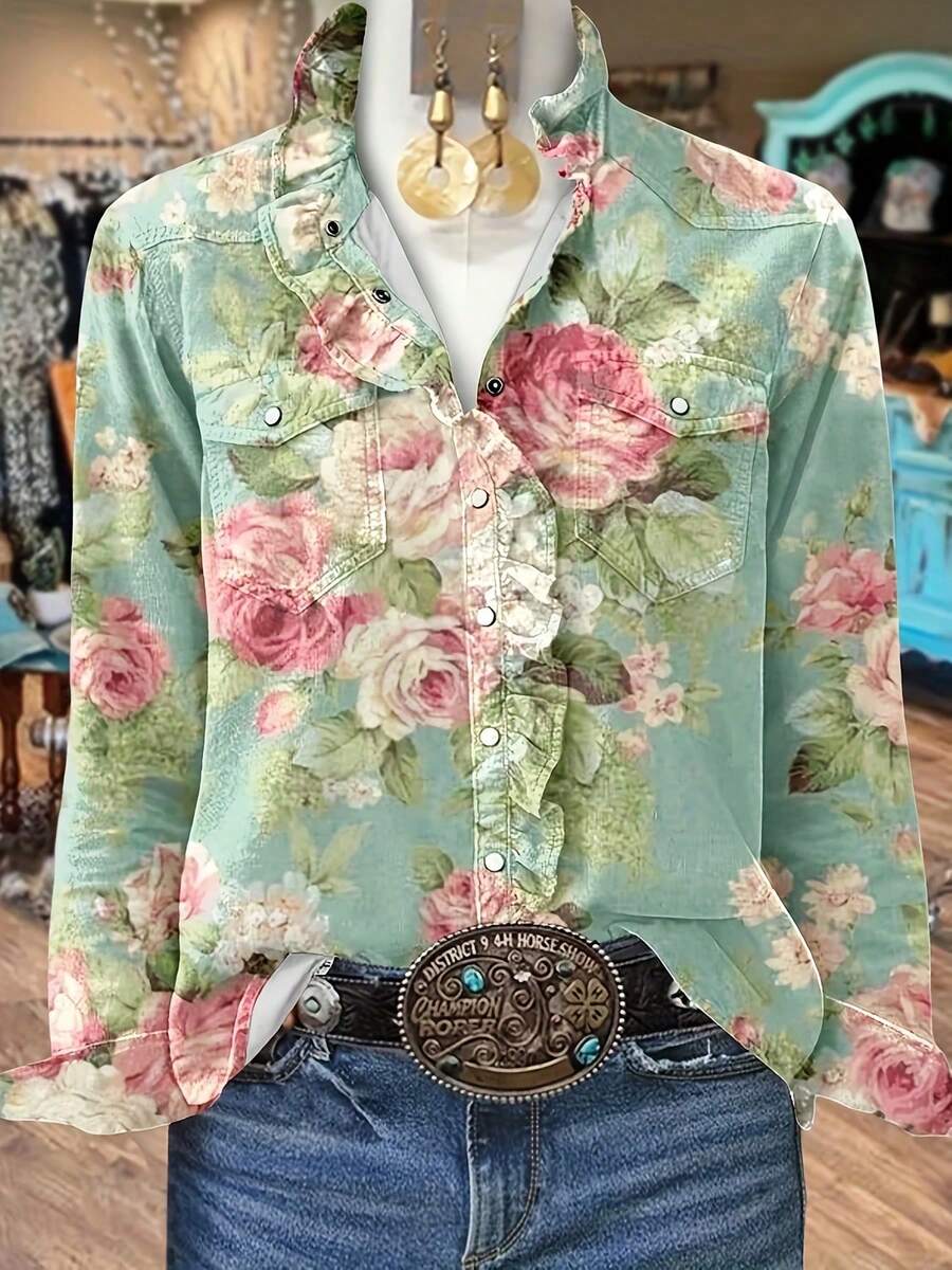 [Vintage Floral Print Blouse] Lightweight Polyester Women's Vintage Floral Print Ruffle Neck Blouse - Long Sleeve, V-Neck, Button-Up Shirt With Pink & White Roses, Perfect For Fall/Winter Outings, Casual Wear - Xanh nhạt - Xem 1