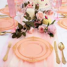 125PCS Plastic Plates - Elegant And Gold Dinnerware Set - Heavy Duty Disposable Plates With Gold Silverware Sets For 25 Guests For Wedding & Party & Bridal Shower - Peach Pink - View 8