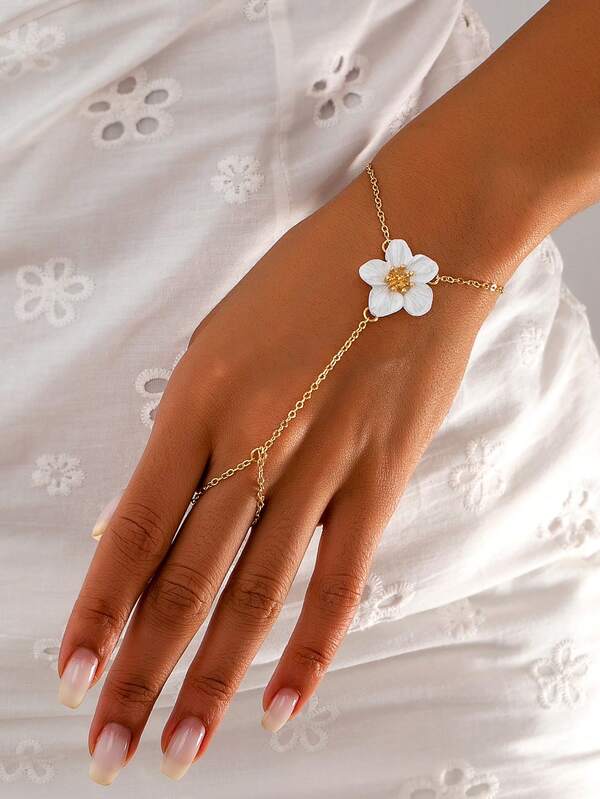 1pc Elegant Lacquered Flower Finger Chain, Women's Everyday, Holiday, Gift