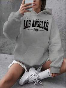 Mujer Casual Sudadera Estampado Los Angeles Patch Bolsillo Ajuste Holgado Capucha Manga Larga Otoño Invierno Diario - Gris - Ver 1