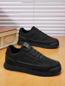 1 Pair Solid Color Patchwork Basic PU Leather Criss-Cross Strap Men's Shoes, Outdoor/Indoor College Style All Season Sneakers, 2025 New Design Minimalist Casual Retro Chunky Sneakers, Comfortable Lightweight Round Toe Travel Shoes, Black Low-Top Lace-Up Hiking Shoes, Yellow Non-Slip Breathable Skate Shoes, Niche Solid Color Skateboarding Shoes, Size 46 - Black - View 5
