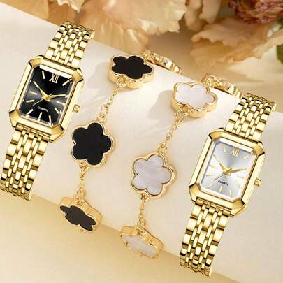 Set de 4 piezas, Reloj de mujer, Reloj de mujer minimalista de lujo a la moda, Emparejado con pulsera floral en blanco y negro, Material de aleación, Adecuado para uso diario, Set de reloj y pulsera de mujer, Regalo para la novia
