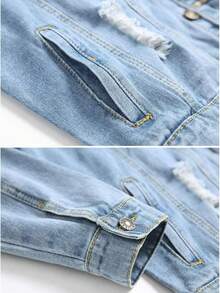Classic Men's Denim Jacket Retro Men's Ripped Casual Denim Jacket Turn-Down Collar Single-Breasted Men's Denim Coat - 淺色水洗藍 - 查看 4