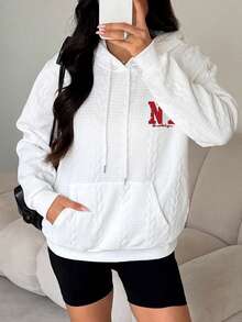 女士时尚连帽长袖针织面料运动衫，带抽绳细节和纽约图案 - 白色 - 查看 3
